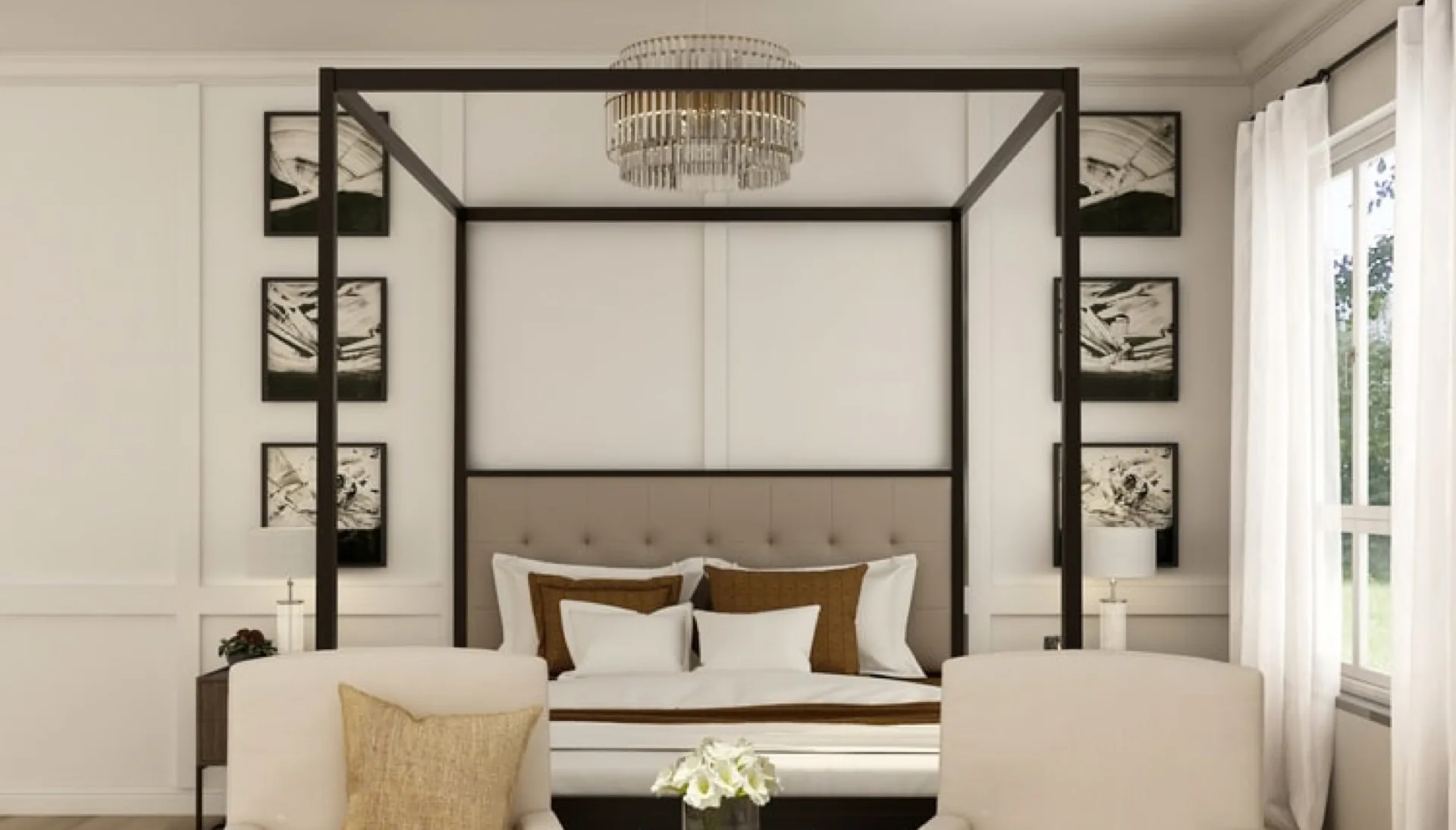 A bright, welcoming bedroom with warm natural finishes